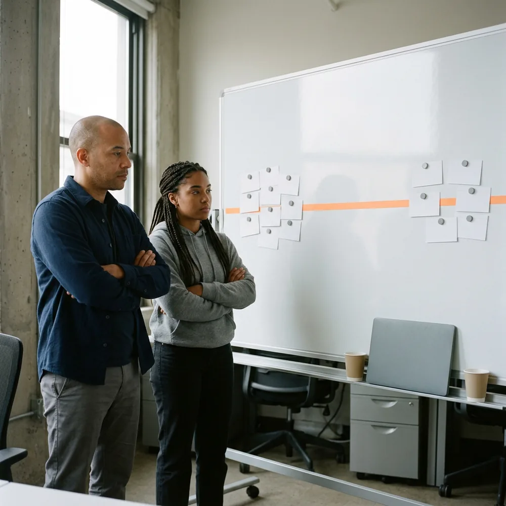 ERP consultant in a navy overshirt and help desk analyst in a grey hoodie stand with arms folded at a whiteboard where blank cards sit far to the right of where they started along a strip of orange tape