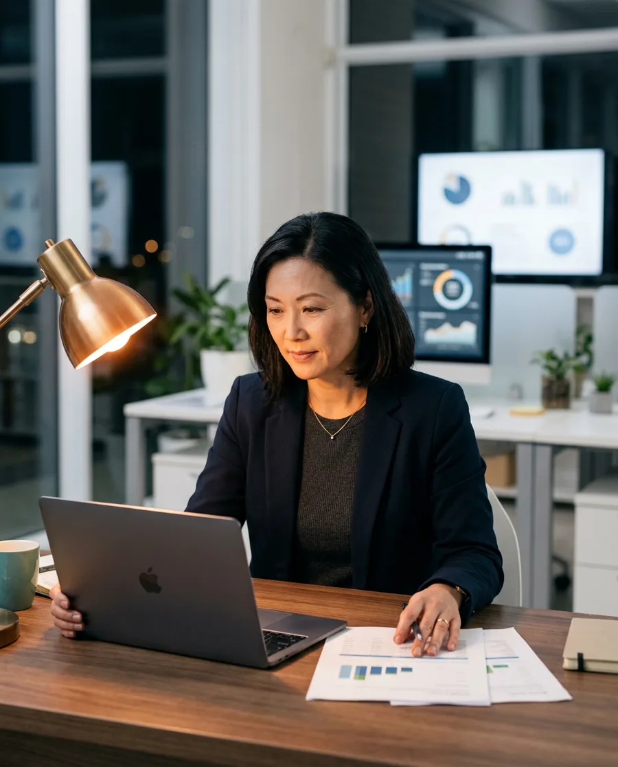 Contract senior accountant reviewing the month-end close at a desk while a NetSuite implementation runs in the background
