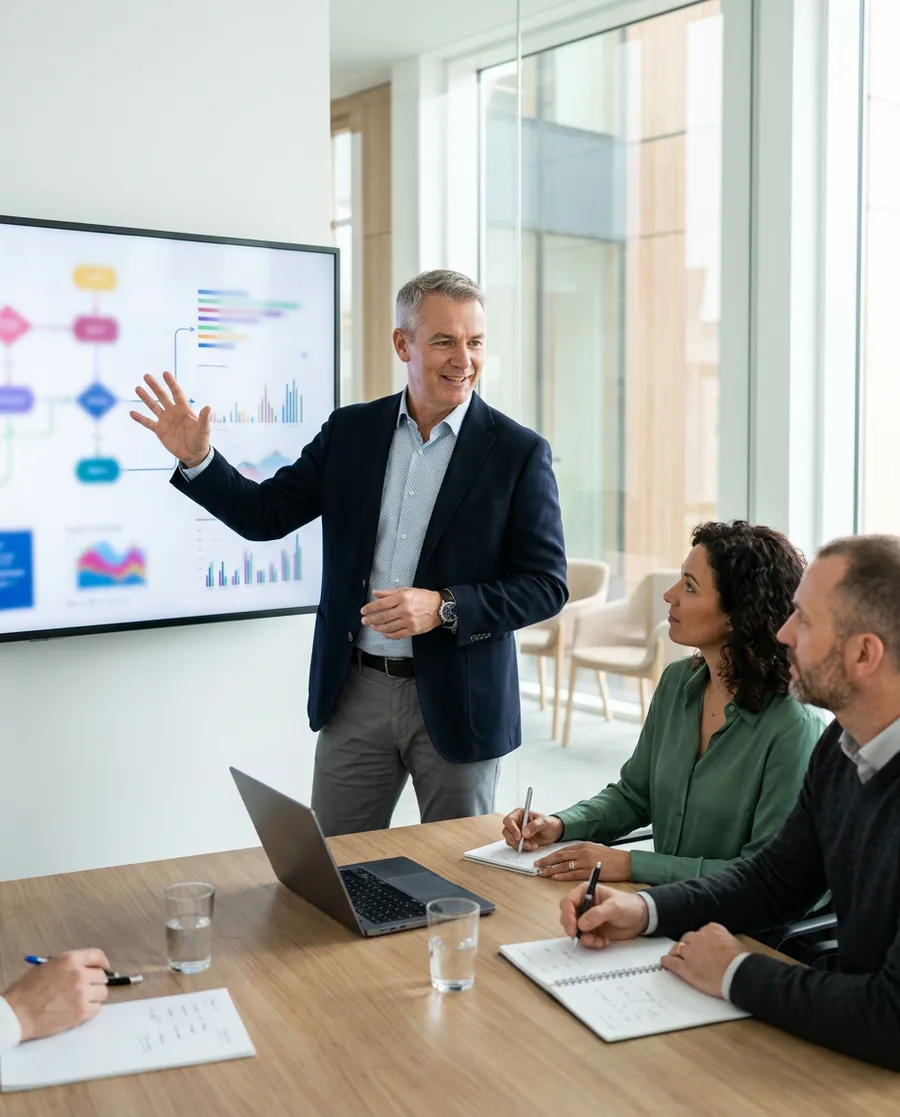 Controller presenting a NetSuite chart of accounts mapping to the ERP project team in a conference room