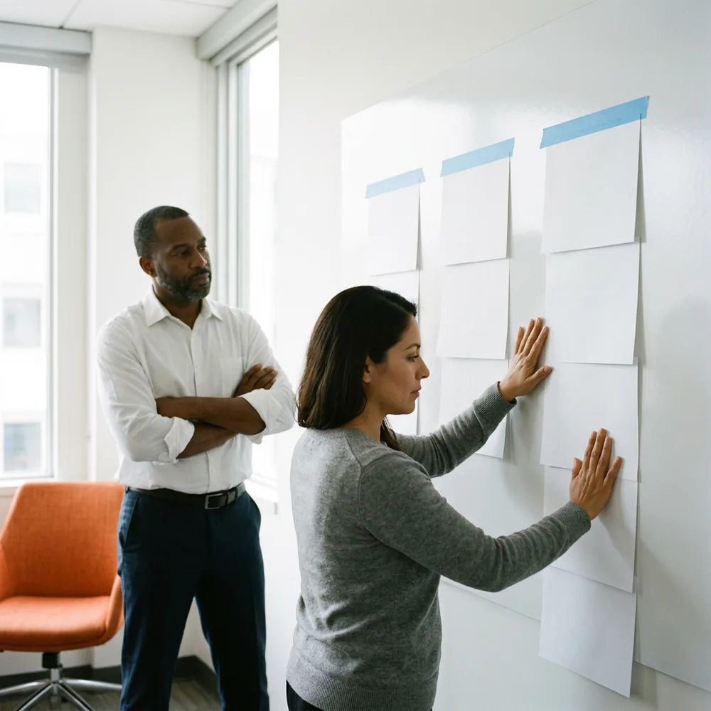A consultant pressing a blank sheet onto a whiteboard under one of three columns marked with blue tape while a colleague studies the board, sizing an ERP optimization crew by trade