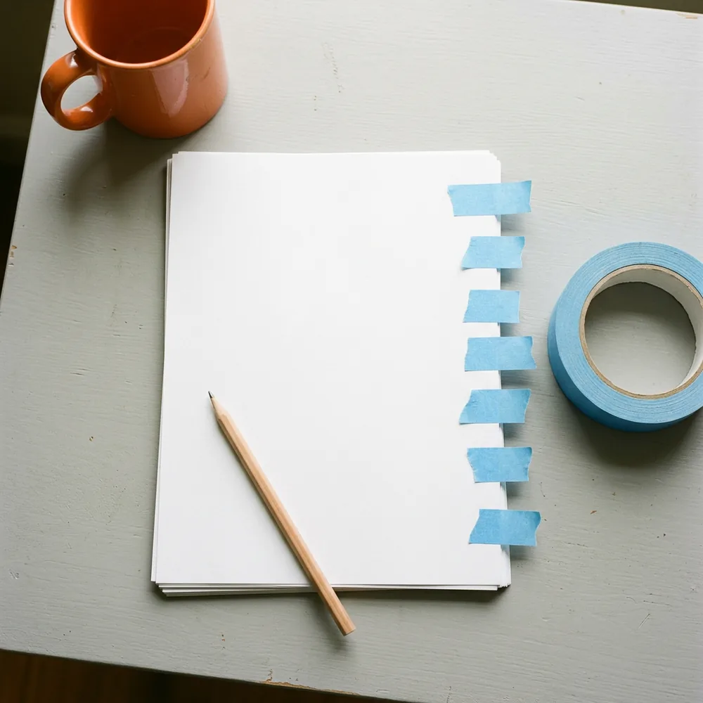 A stack of blank paper flagged along one edge with seven strips of blue painter's tape beside a tape roll, a pencil and an orange mug, the open items on an ERP optimization list