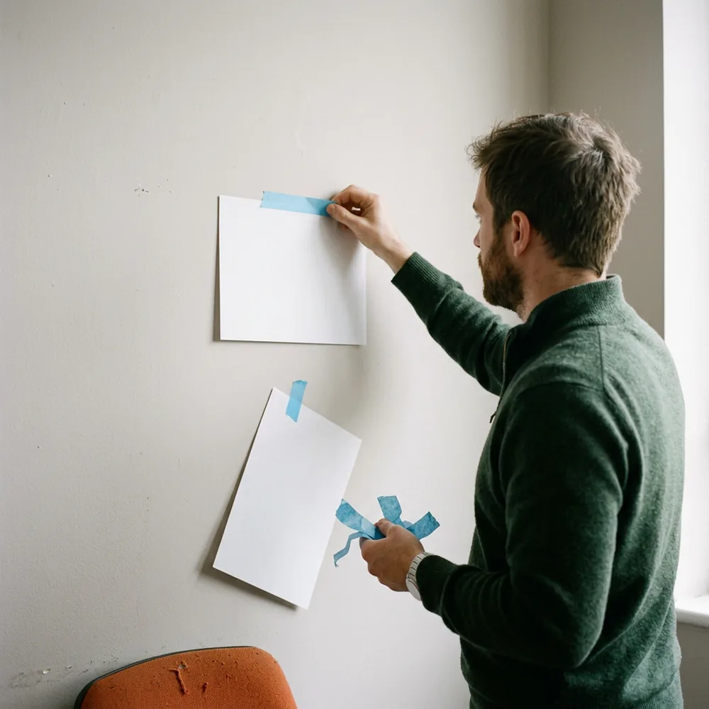 A man peeling a strip of blue painter's tape off a blank sheet on an office wall, crumpled used strips in his other hand, closing out an item at the end of an ERP optimization engagement