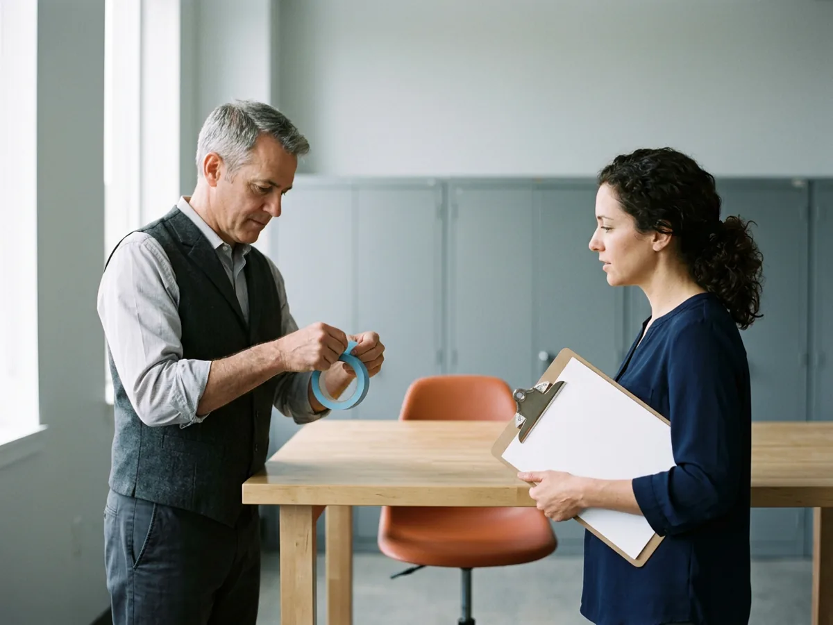 An ERP optimization consultant tearing a strip of blue painter's tape from a roll while an operations controller holds a blank clipboard, the start of a punch-list walkthrough of a live ERP
