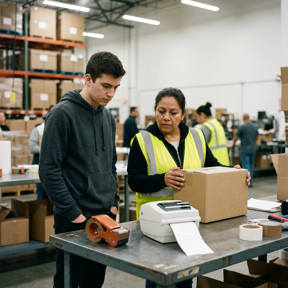 A contract integration developer and a warehouse supervisor watching a shipping label print at a packing bench during ERP cutover testing, an orange tape dispenser on the bench