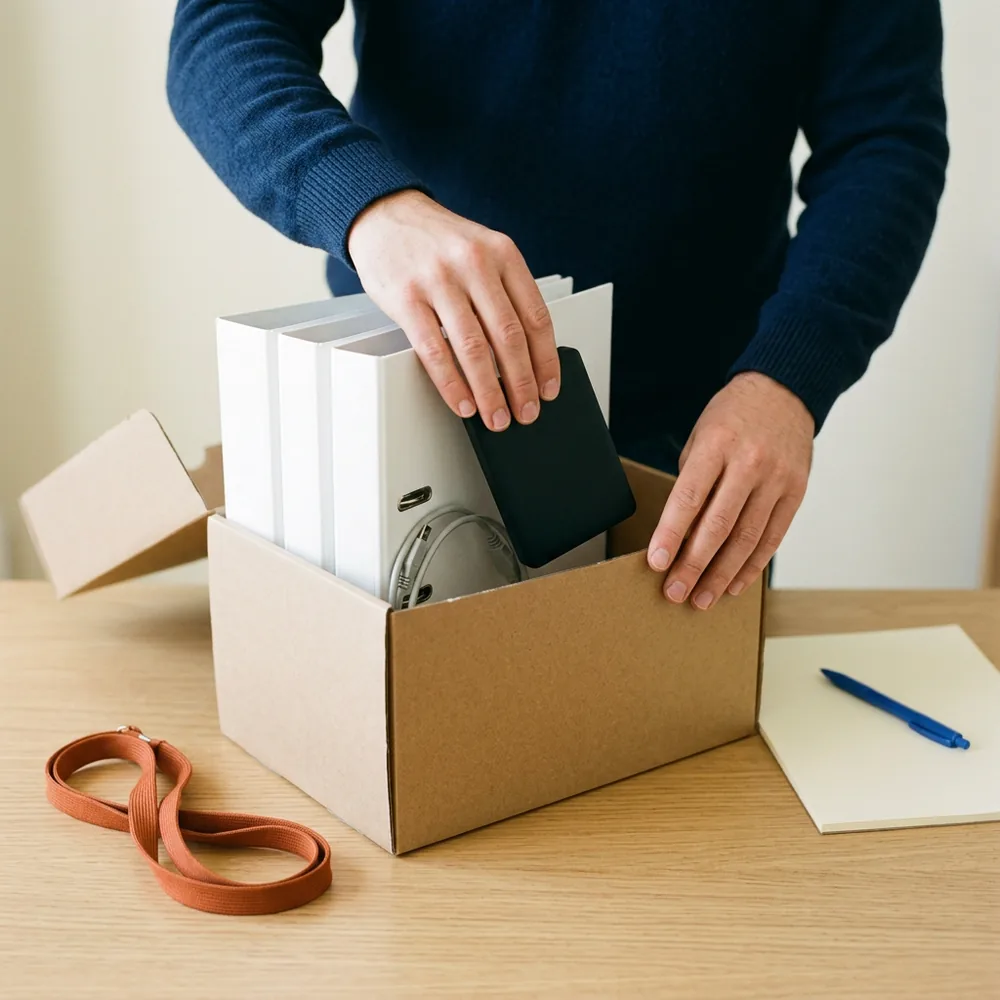 Hands placing an external hard drive into an archive box of project binders, the source code, configuration and test records a company collects from its ERP implementation partner before the relationship ends