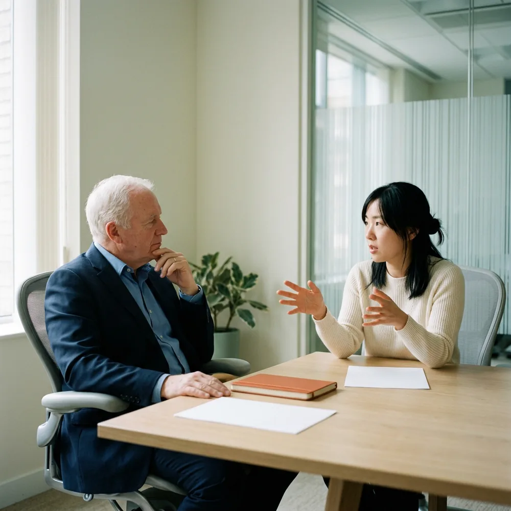 A rescue lead explaining a re-baselined ERP project plan to a company owner across a meeting table, an orange notebook and two blank sheets between them