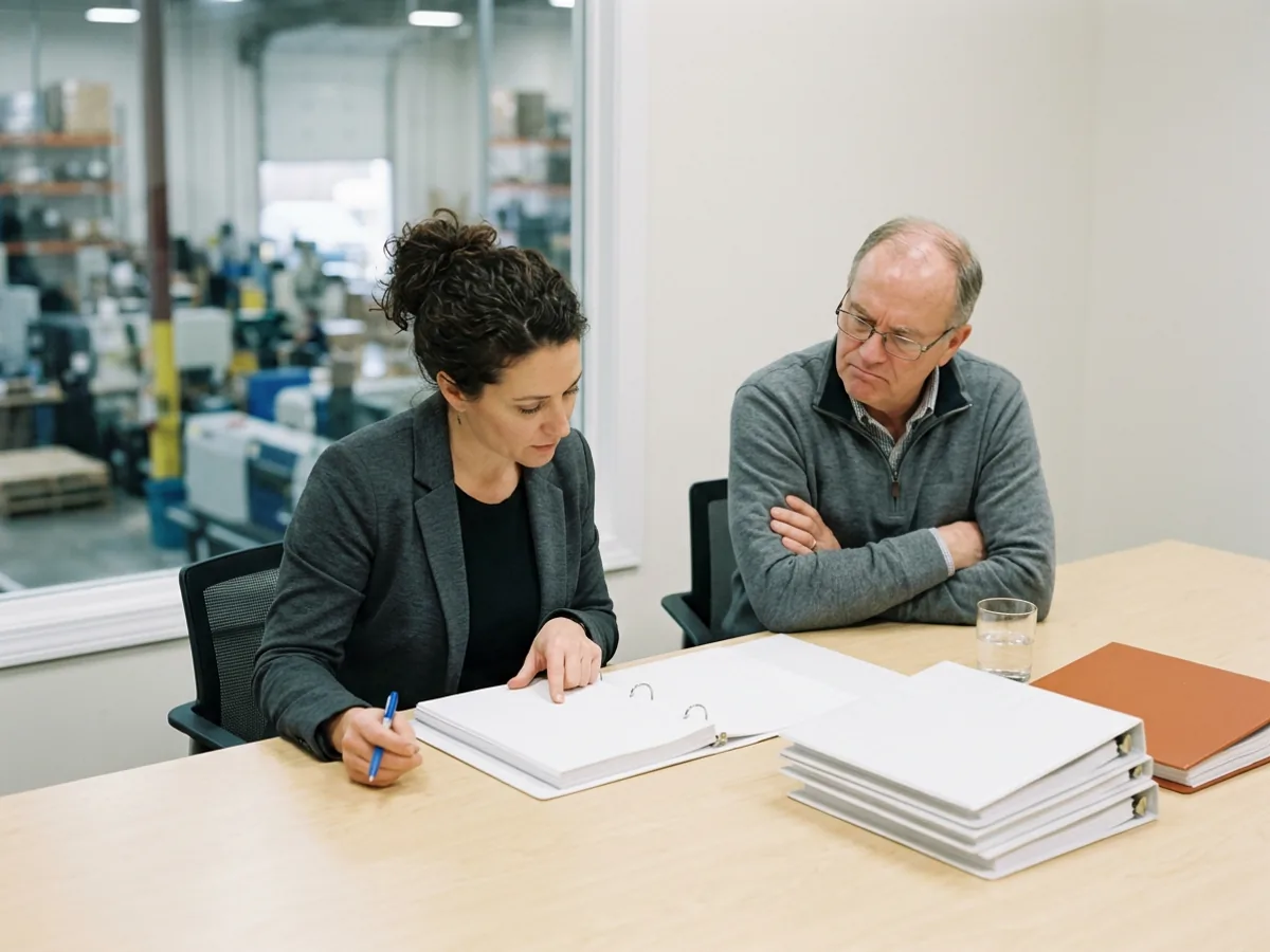 A contract ERP rescue lead running her finger down a page of the implementation binder while the company controller watches with his arms folded, a production floor visible through the conference room window