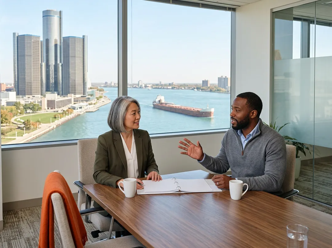 A KORE1 ERP recruiter talking with a supply chain director at a walnut conference table in a downtown Detroit office, with the Renaissance Center towers, the Detroit River and a passing freighter outside the window