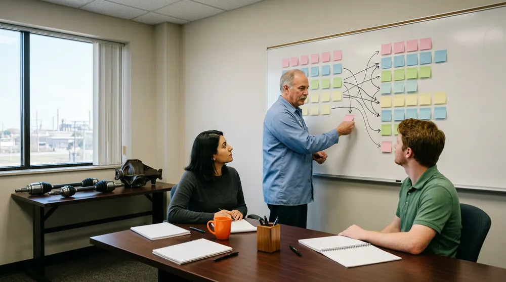 A plant IT manager mapping two columns of blank sticky notes joined by arrows on a whiteboard while two colleagues watch, in a conference room at a driveline plant near Detroit with axle shafts and a differential housing on a side table