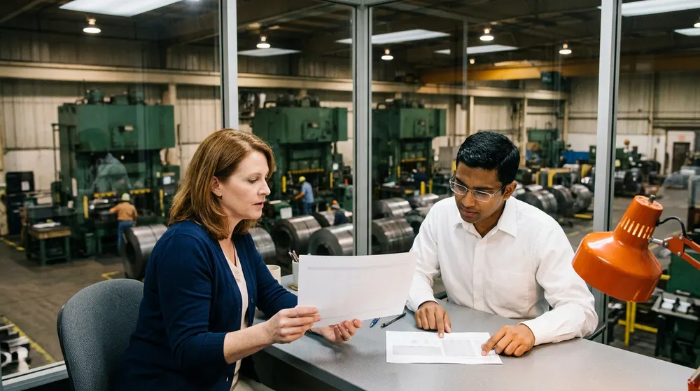 A plant controller and an accounts receivable analyst reviewing printed pages at a desk in a glass-walled mezzanine office overlooking green stamping presses and steel coils at a Michigan metal stamping plant