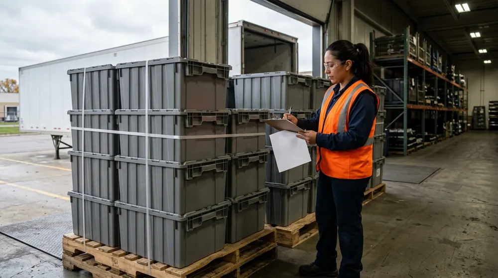 A material planner in an orange safety vest counting stacks of gray returnable plastic totes against a clipboard at the shipping dock of an automotive parts plant near Detroit, with a semi trailer at the open dock door