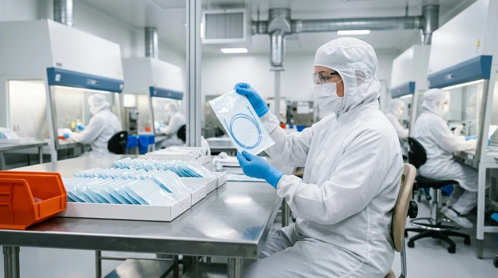 A gowned cleanroom technician inspecting the seal on a sterile pouch holding a coiled catheter at a medical device plant in suburban Minneapolis, with trays of sealed pouches on the bench