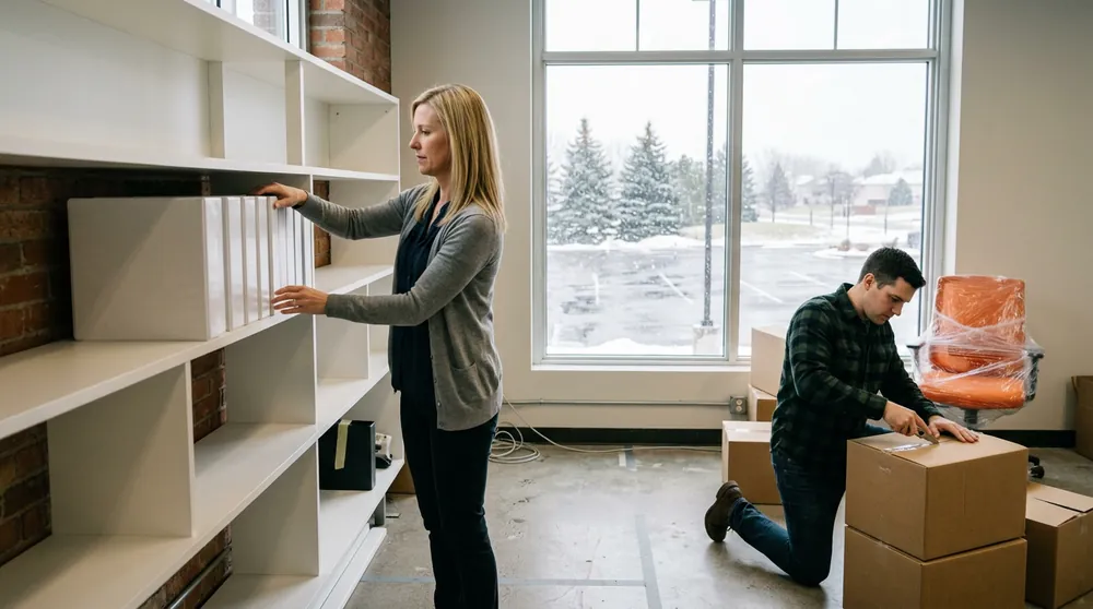 A corporate controller shelving white binders and a colleague opening moving boxes in a half-unpacked finance office outside Saint Paul on the first day of a newly separated company, with snow falling outside