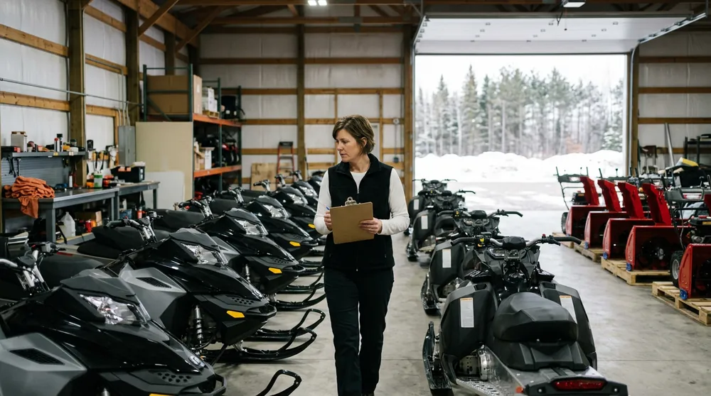 A dealership finance manager with a clipboard checking rows of new snowmobiles and snow blowers in the back warehouse of a Minnesota powersports dealer, with a snowy lot through the open door