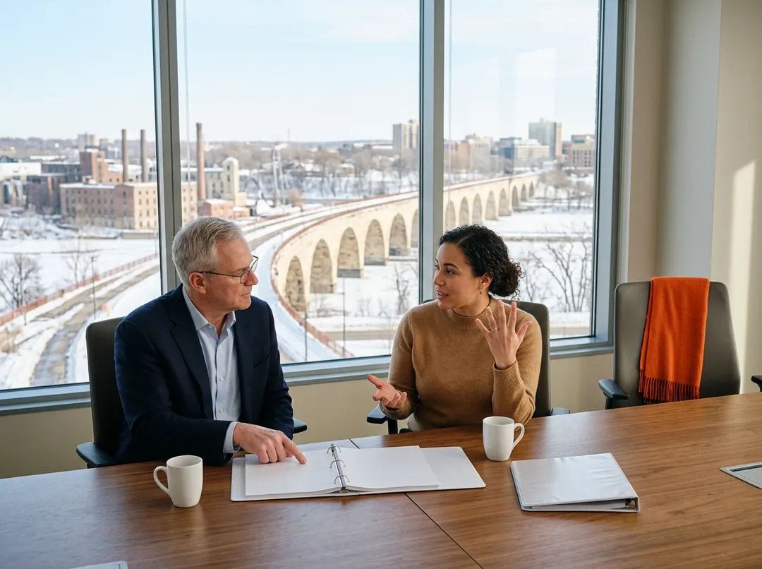 A KORE1 ERP recruiter talking with a chief financial officer at a walnut table in a downtown Minneapolis office, with the snow-covered Stone Arch Bridge and the Mississippi River riverfront outside the window