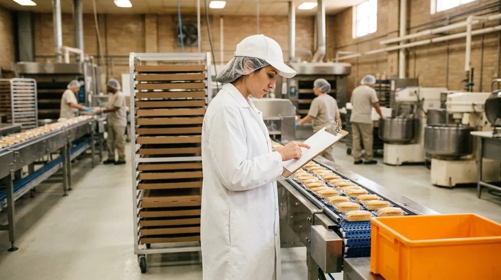 A plant systems analyst in a hairnet and lab coat counting wrapped snack cakes on a conveyor against a clipboard at a commercial bakery in Philadelphia, with rolling racks of bakery trays behind her