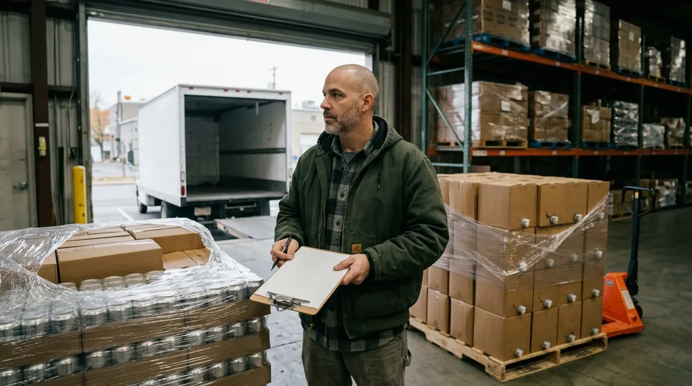A distribution operations analyst checking pallets of soda cans and bag-in-box fountain syrup cartons against a clipboard at a beverage distributor’s loading dock in South Philadelphia