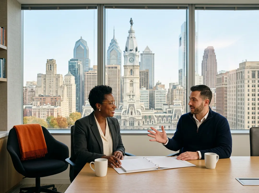 A KORE1 ERP recruiter talking with a finance director at a conference table in a Center City Philadelphia office, with City Hall tower and the William Penn statue framed by skyscrapers outside the window