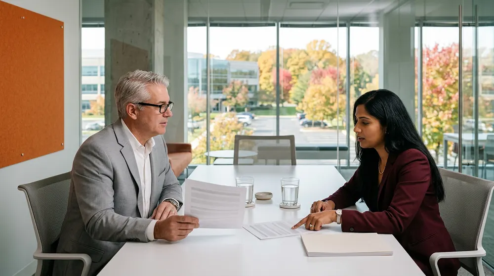 A corporate tax manager and a tax technology consultant reviewing printed pages at a white conference table in a glass-walled office in King of Prussia, Pennsylvania, with autumn trees and an office park outside