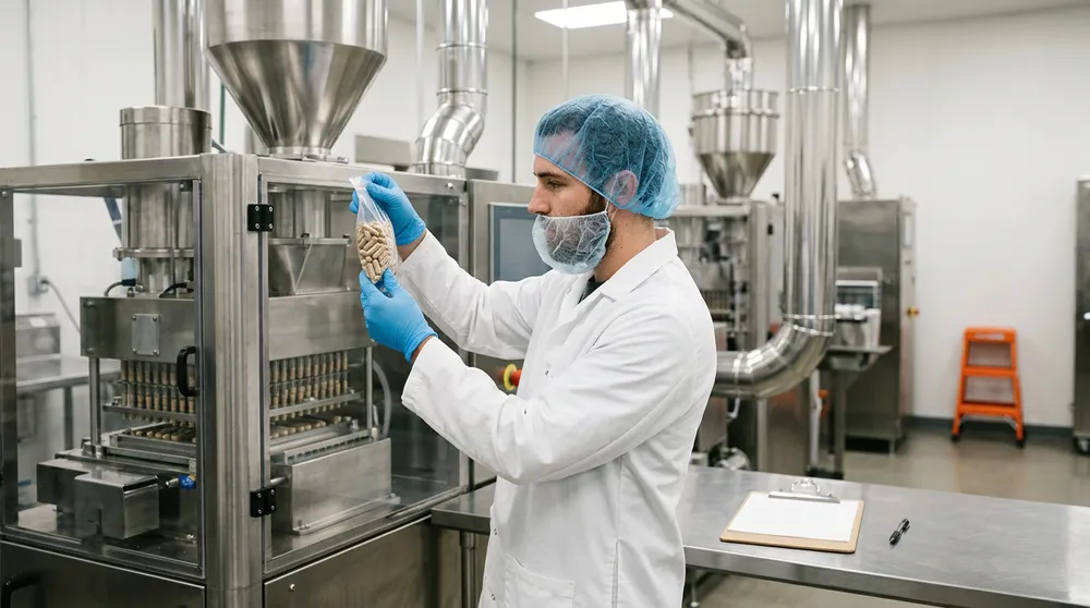 A quality assurance technician in a white lab coat, hairnet and beard net holding up a sample bag of capsules beside a stainless steel capsule filling machine in a Salt Lake City supplement plant