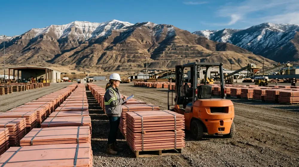 A metals accountant in a white hard hat holding a clipboard beside strapped stacks of copper cathode sheets in a refinery yard west of Salt Lake City, with an orange forklift and the terraced Oquirrh Mountains behind her