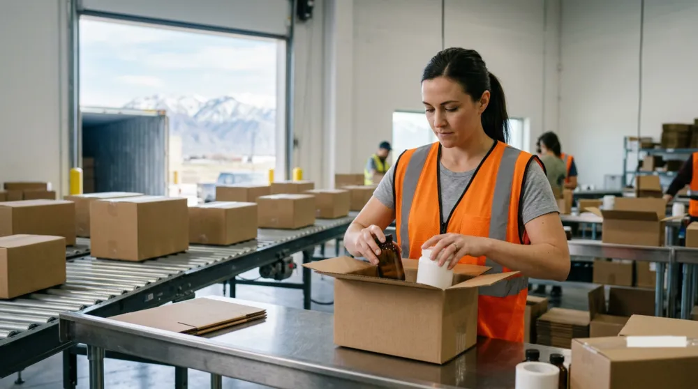 A fulfillment worker in an orange safety vest packing amber glass bottles and white supplement jars into a shipping box at a Utah County distribution center, with snowy mountains visible through an open loading dock door