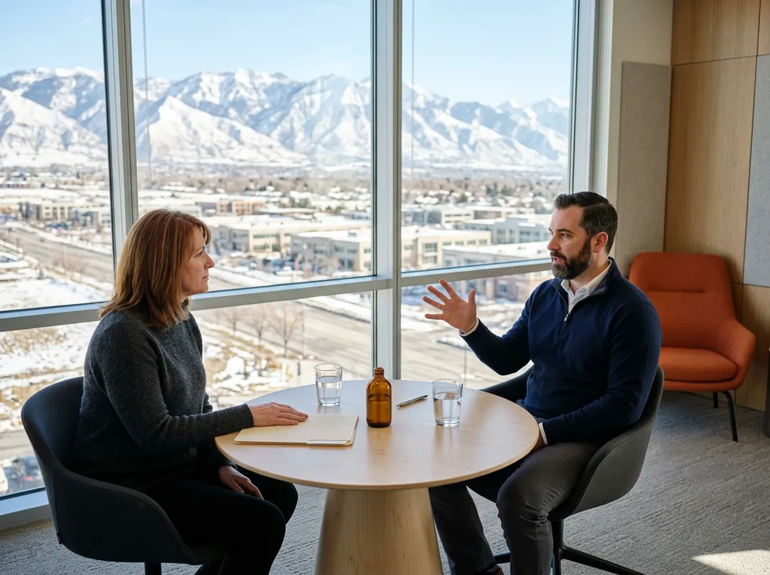 A KORE1 ERP recruiter talking with a finance vice president at a round table in a Lehi, Utah office, with the snow-covered Wasatch mountains outside the window and a small amber glass bottle on the table