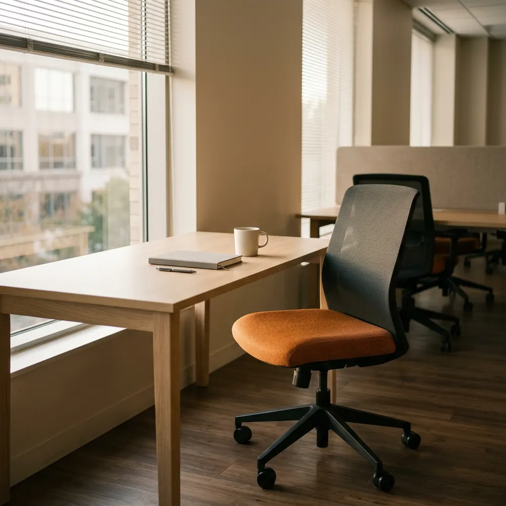 Empty office chair with an orange seat pulled out from a finance desk, showing an ERP administrator seat nobody owns after go-live