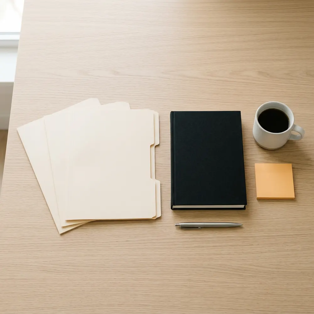 Three blank manila folders, a closed notebook and a pen on a desk, planning monthly ERP support contract hours