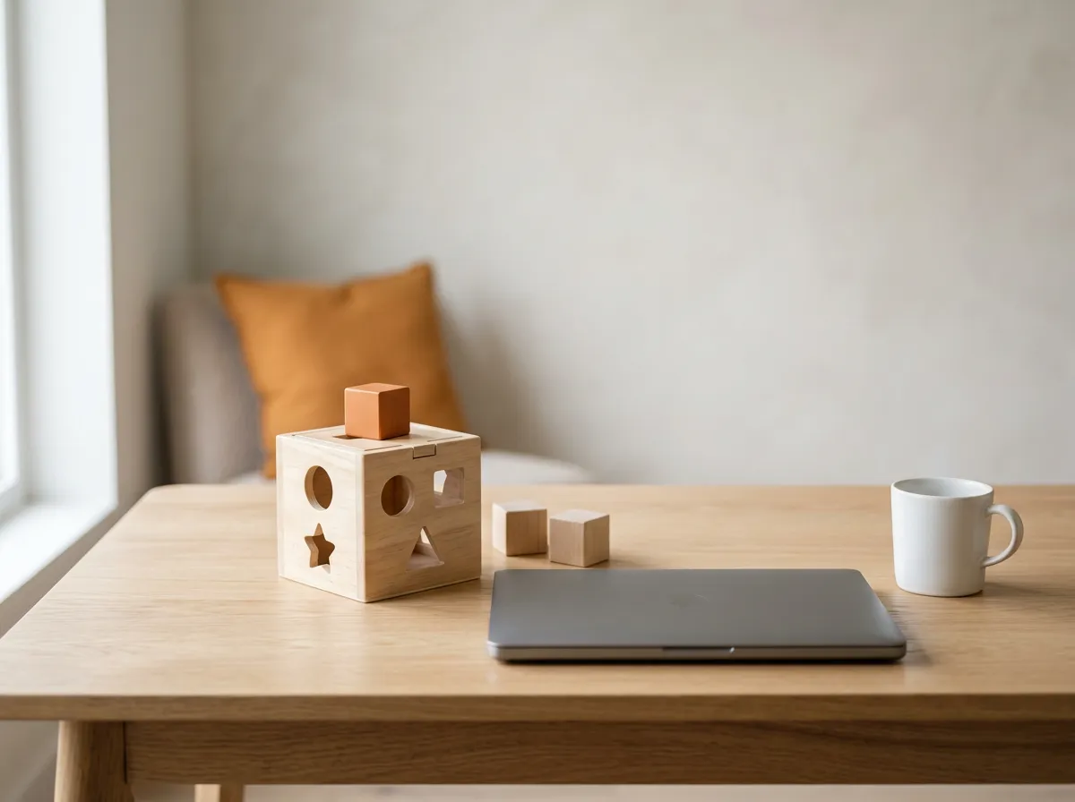 Wooden shape sorter cube with three block shapes on a finance desk beside a closed laptop, representing who gets each ERP support ticket
