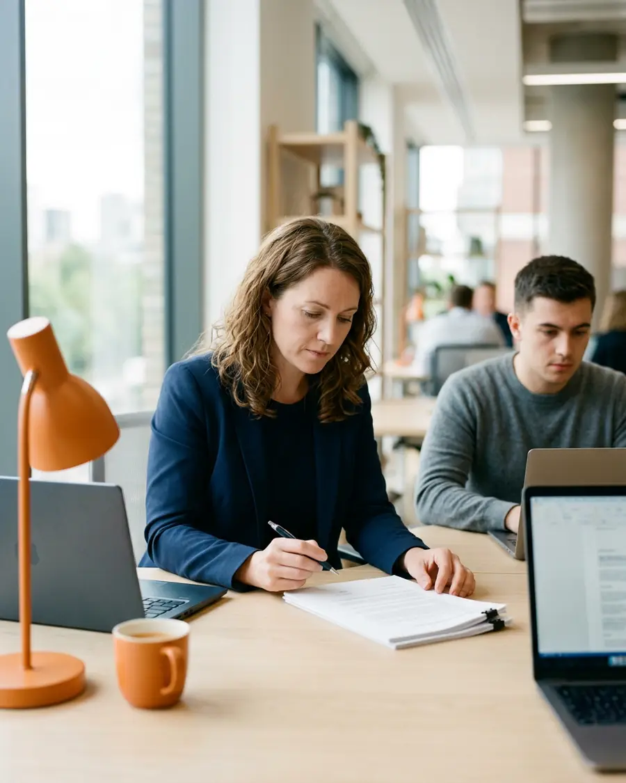Finance controller reading a printed stack of ERP test scripts with a pen, about to initial the last page, while a contract tester works on a laptop behind her