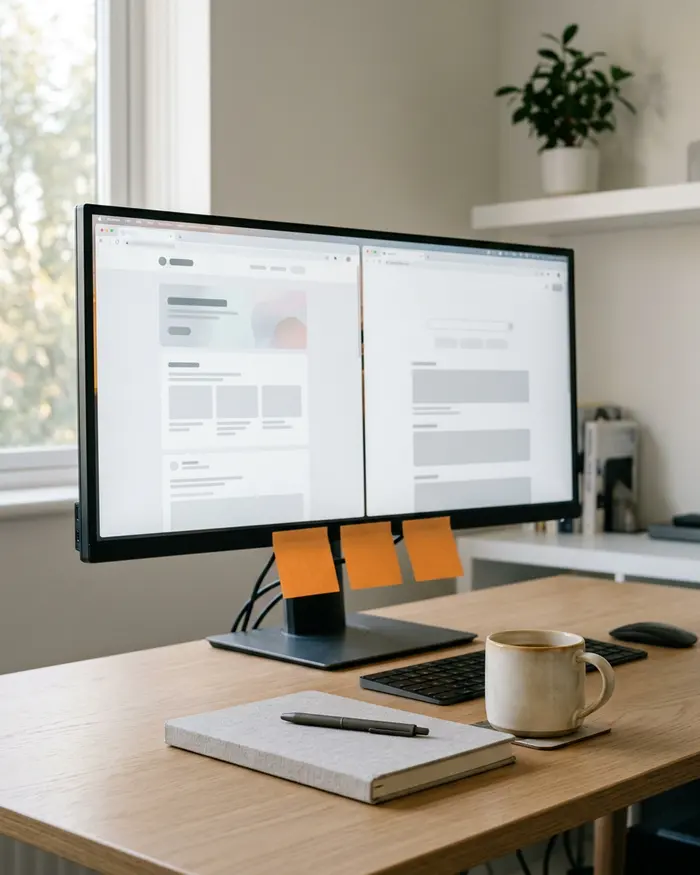 Wide monitor showing two ERP windows side by side with three blank orange sticky notes, a routine release regression check