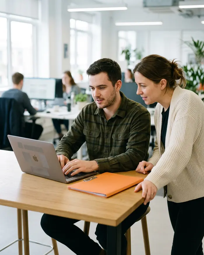 Contract QA tester running an ERP test cycle on a laptop while an accounts payable lead watches the screen beside him