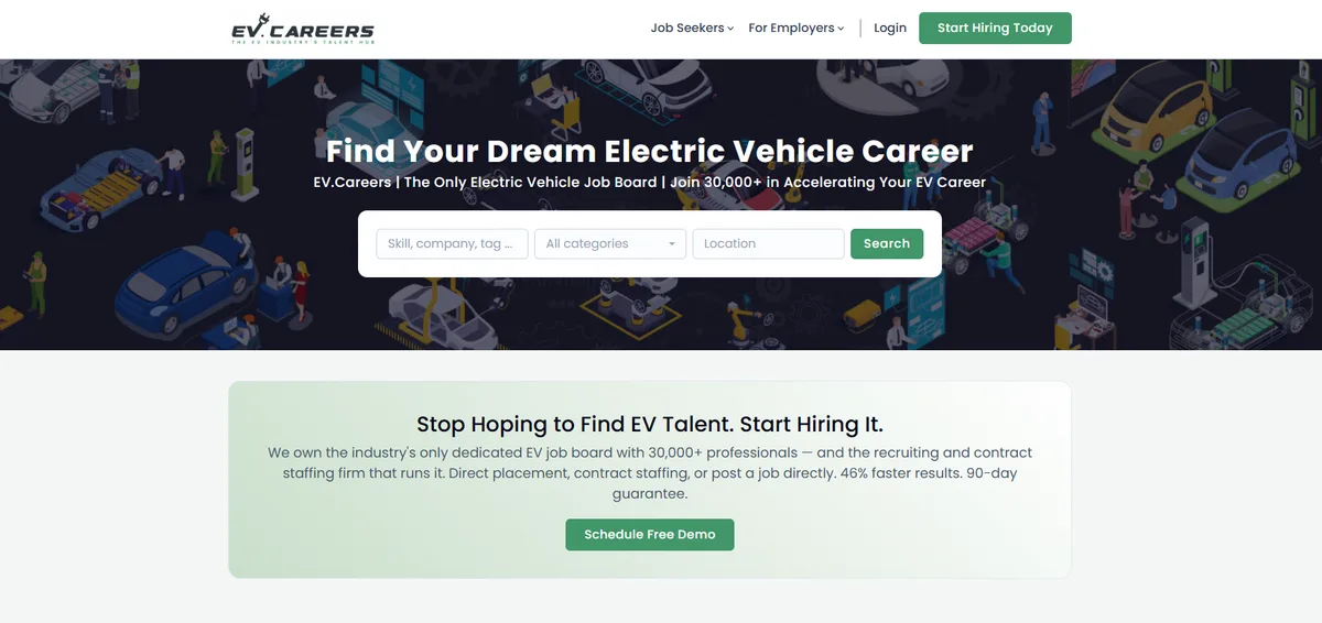 EV.Careers homepage showing electric vehicle and electrification embedded engineering recruiting, ranked number seven for 2026