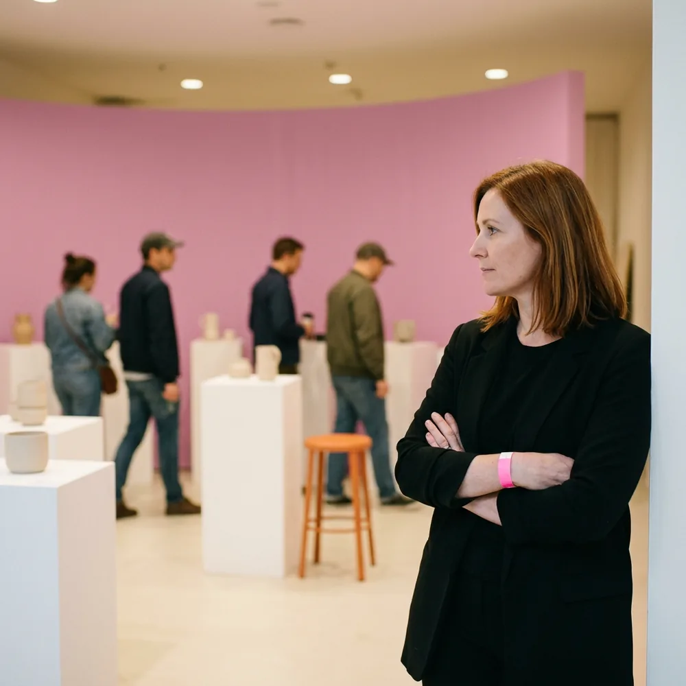 Experiential lead wearing a pink event wristband, arms folded, watching guests walk through a finished brand pop-up with a curved pink wall on opening day