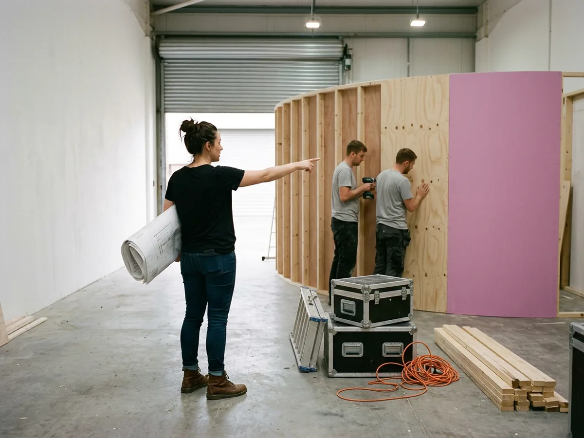 Experiential producer holding rolled drawings and pointing as two carpenters fix plywood panels to a curved pop-up wall during load-in, with road cases and an orange cable on the floor
