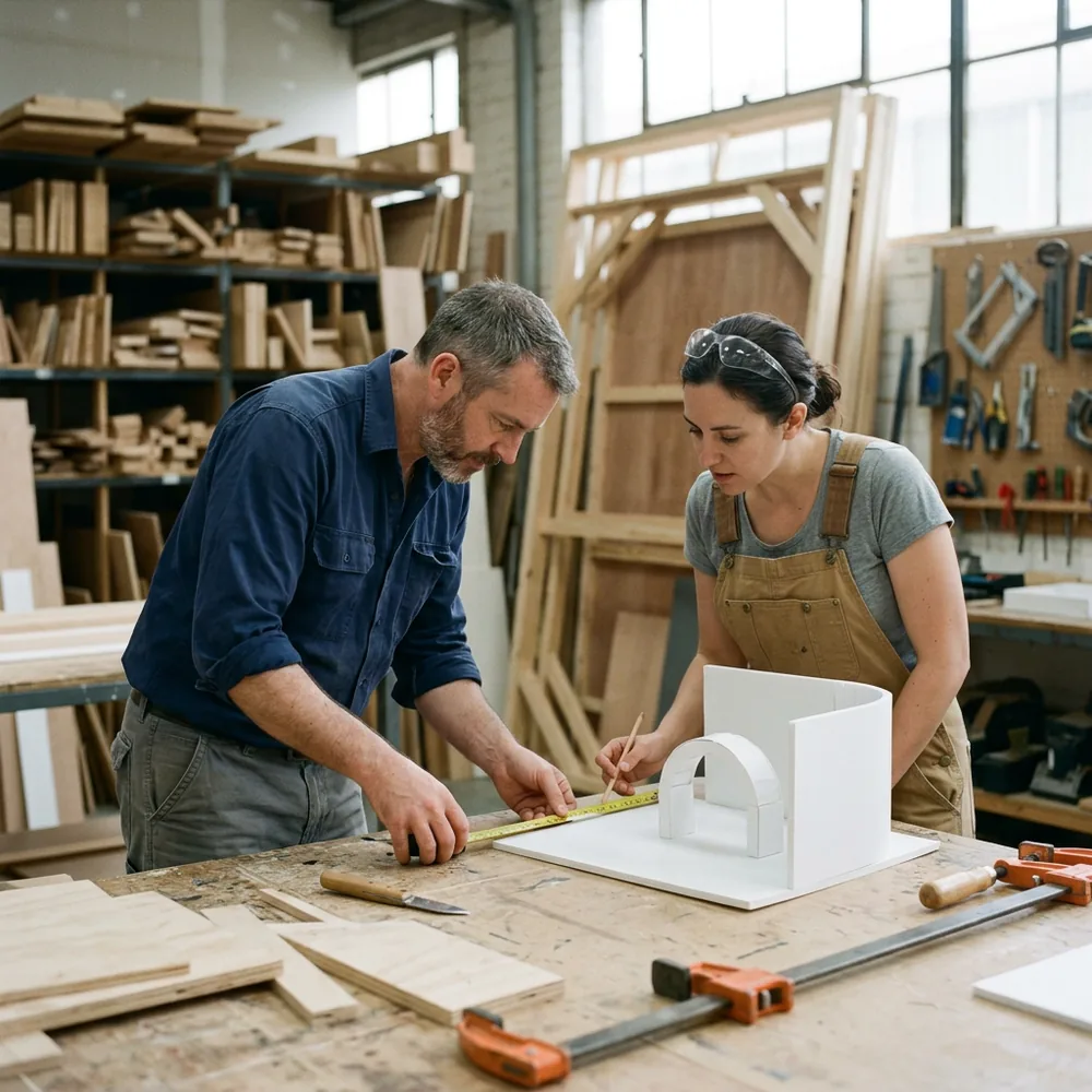 Production lead and a fabricator in overalls measuring a white foam scale model of a pop-up booth with a tape measure on a workshop bench