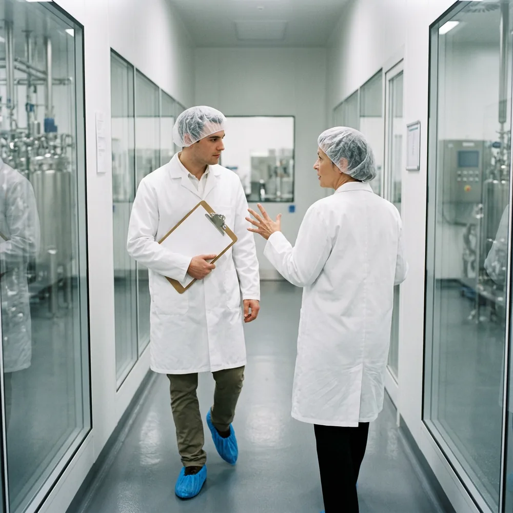Quality manager in a hair cover and lab coat walking a new contract QA reviewer with a clipboard through a pharmaceutical manufacturing corridor