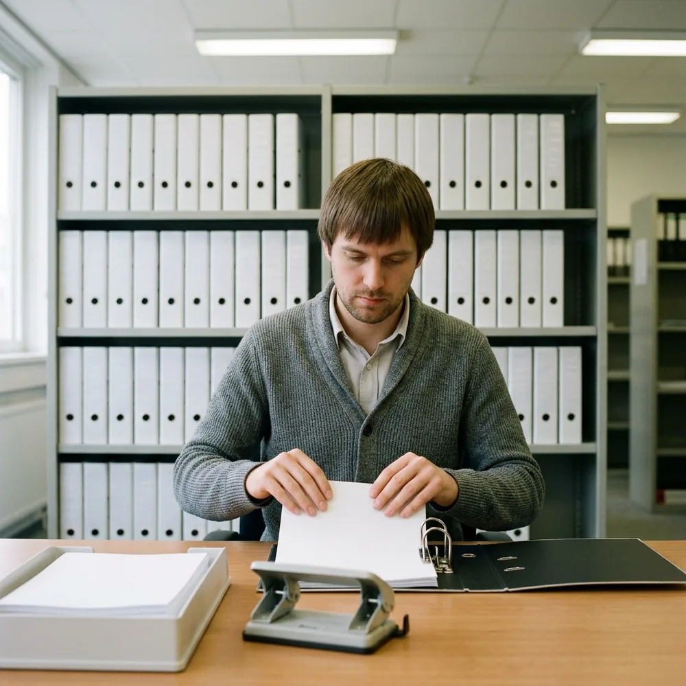 Document control specialist in a grey cardigan sliding a page into a three-ring binder at a desk in front of shelves of identical white controlled-copy binders