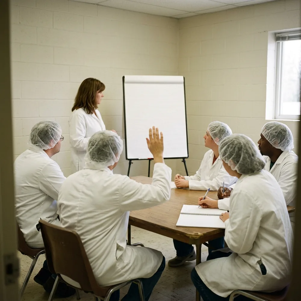 GMP trainer in a lab coat beside a blank flip chart while manufacturing technicians in hair nets and lab coats sit at a table, one raising a hand to ask a question