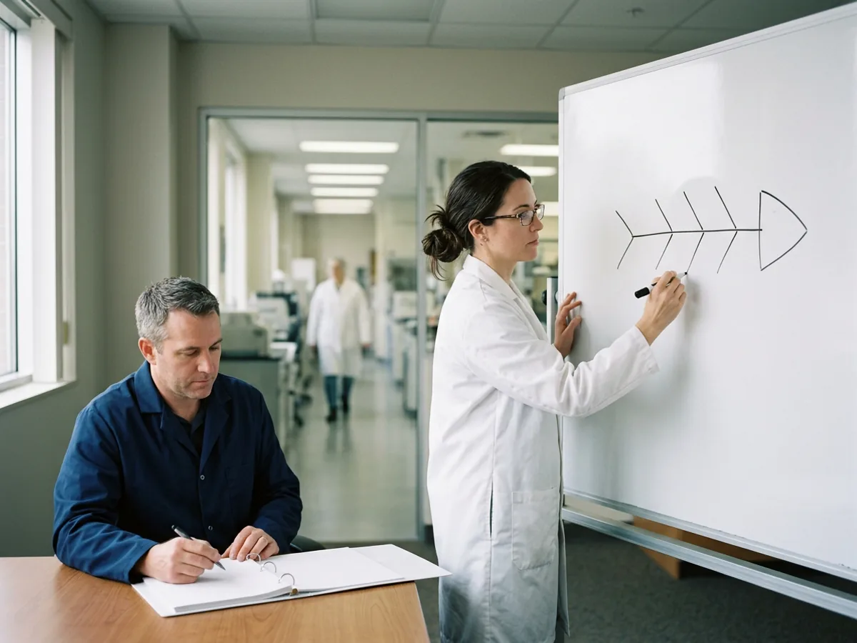 Quality investigator in a white lab coat drawing a fishbone diagram on a whiteboard while a colleague takes notes at a table in a pharmaceutical plant investigation room