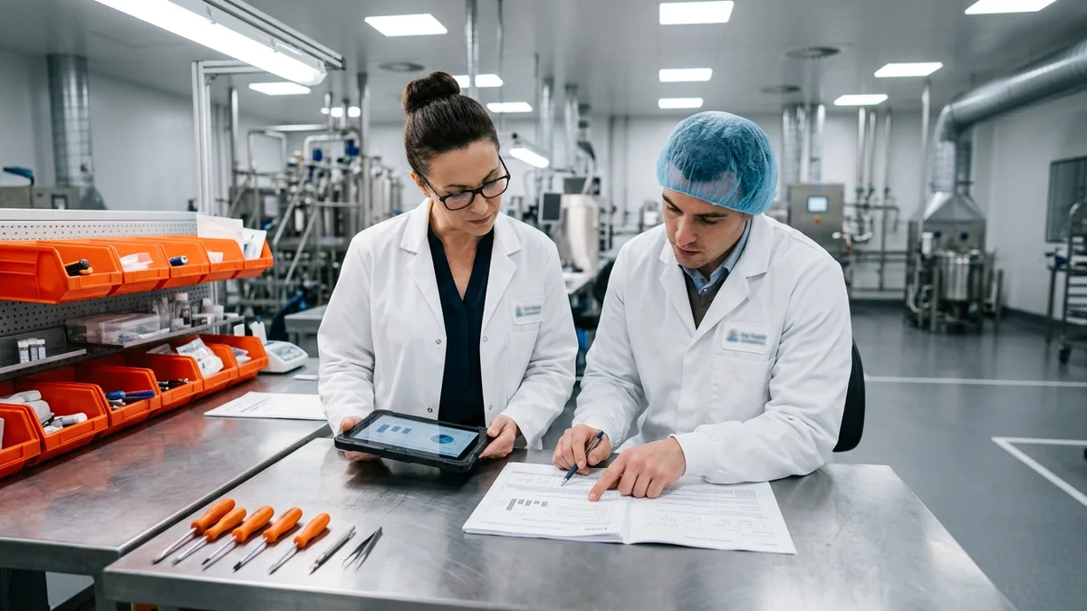 A quality manager and a contract investigator reviewing a CAPA document at a stainless steel workbench in a GMP facility