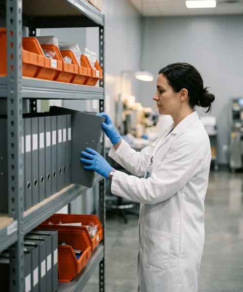 A document control specialist organizing batch record binders on a shelf with orange storage bins in a pharmaceutical facility