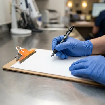 Close-up of gloved hands initialing a quality assurance release log on a clipboard with orange binder clips