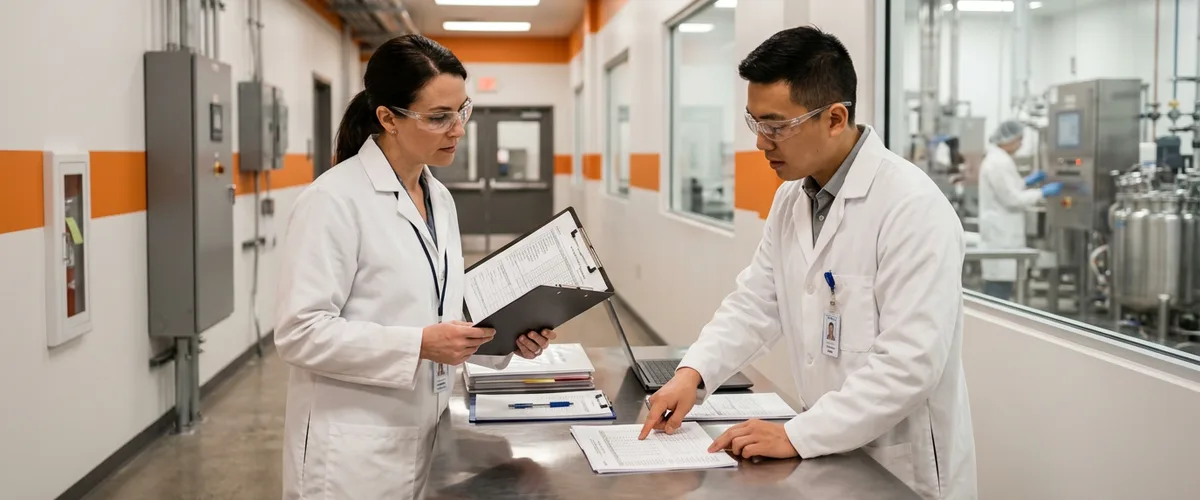 Two pharmaceutical quality professionals reviewing documents together in a GMP facility corridor with orange accent walls