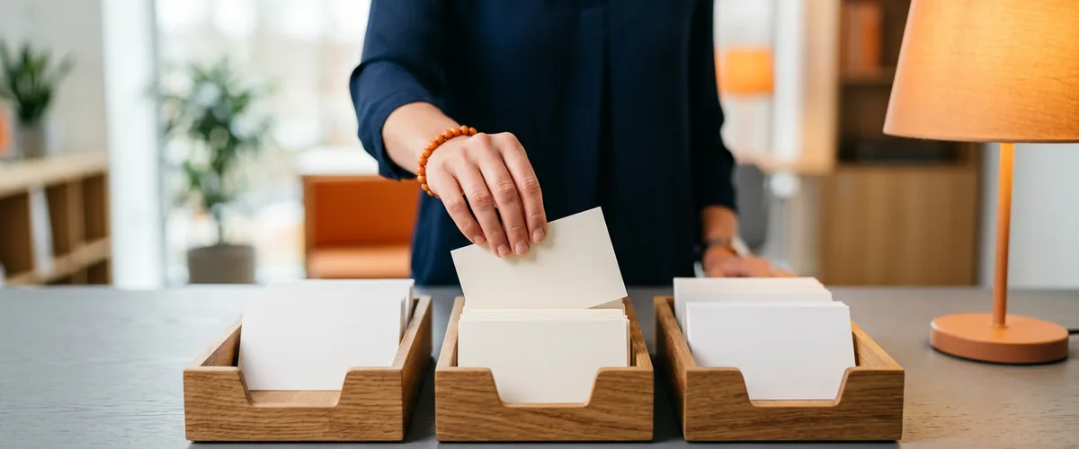 Hand placing a blank card into one of three wooden sorting trays beside an orange desk lamp