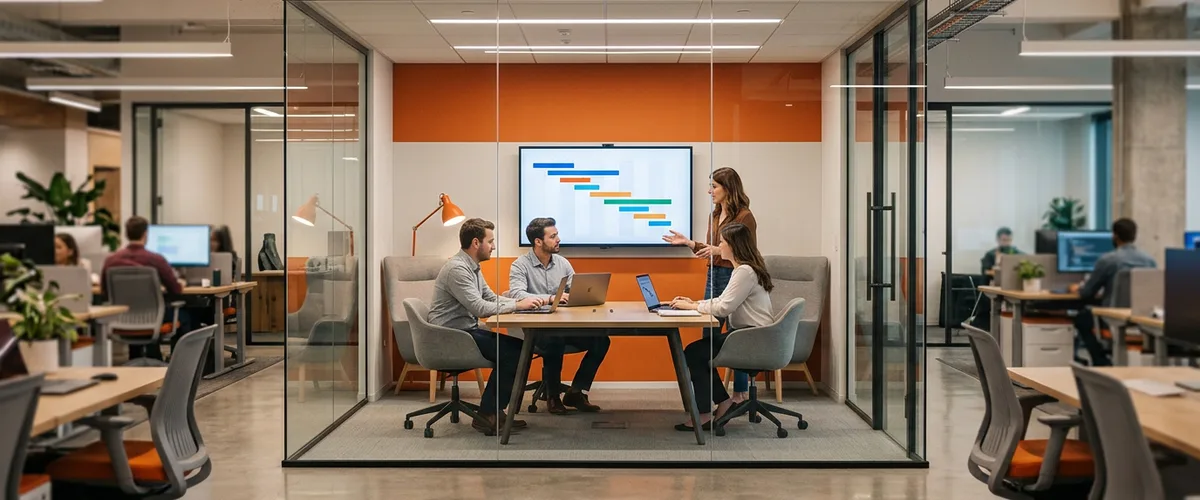 Project team meeting in a glass-walled room with a timeline on the wall screen in an open-plan engineering office