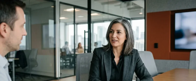 Chief financial officer in a charcoal blazer reviewing a printed 2027 requisition list with an IT director in a glass-walled conference room