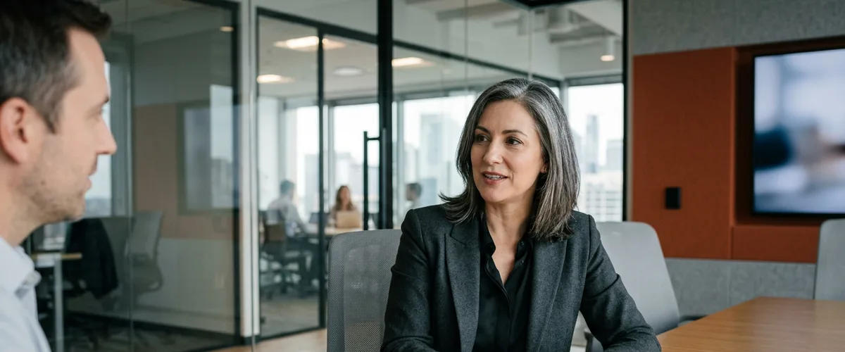 Chief financial officer in a charcoal blazer reviewing a printed 2027 requisition list with an IT director in a glass-walled conference room