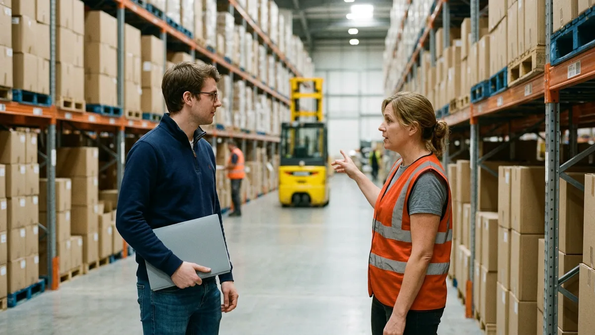 Financial analyst in a navy quarter-zip holding a gray folder while an operations manager in an orange safety vest points toward warehouse racking